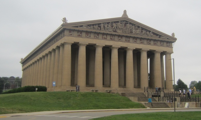 The Nashville Parthenon, the only full-scale replica of the Greek Parthenon in Athens.  Unlike the original Parthenon, with its white marble, the replica is made of steel-reinforced concrete.